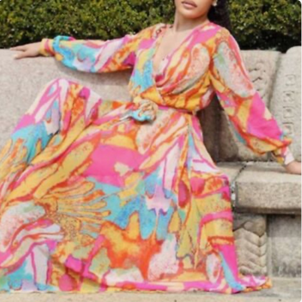 Abstract coral Maxi long sleeve dress